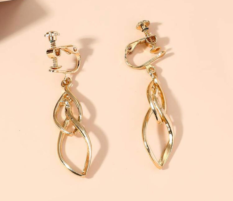 Clip on 1 3/4" gold twisted teardrop dangle earrings