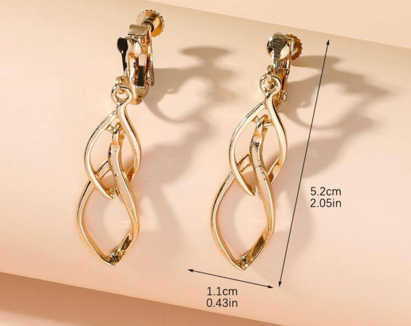 Clip on 1 3/4" gold twisted teardrop dangle earrings