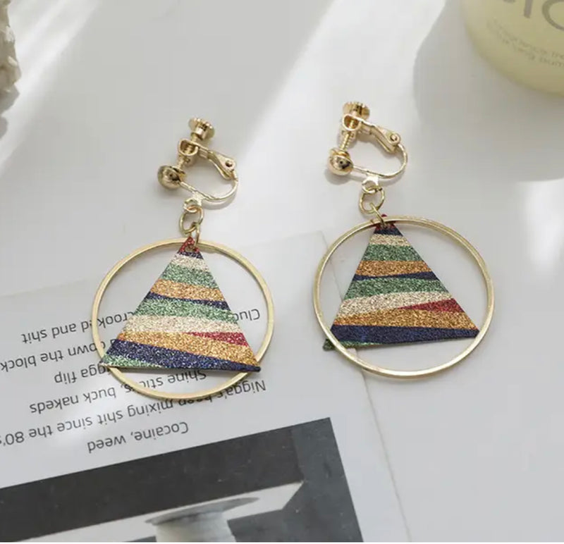 Clip on 1 3/4" gold hoop earrings w/blue multi colored stripe triangle