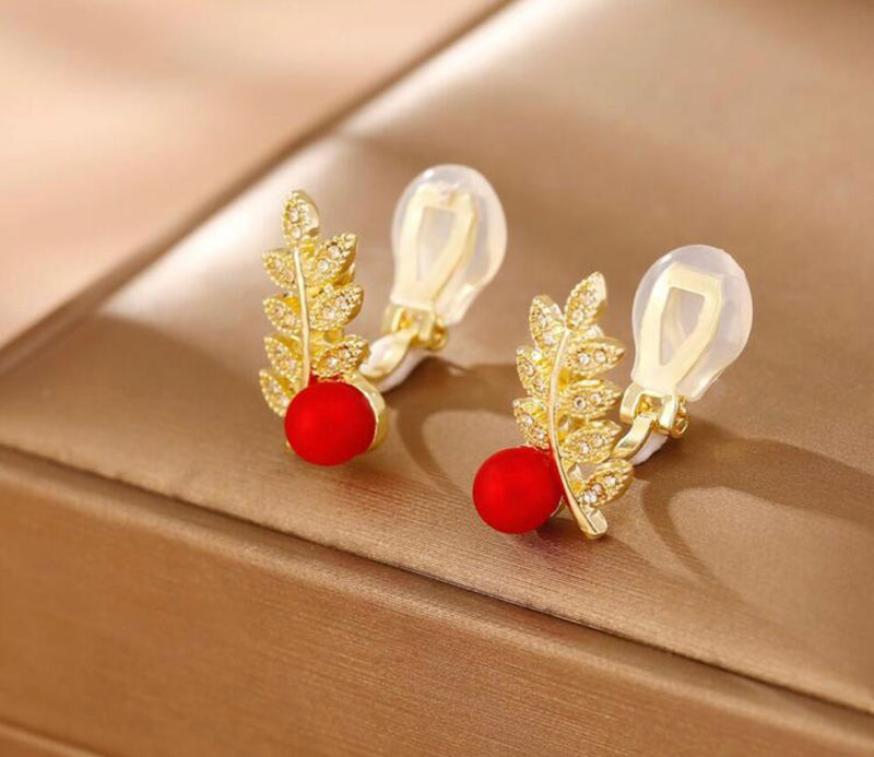 Clip on 3/4" small gold leaf and matte red bead button style earrings