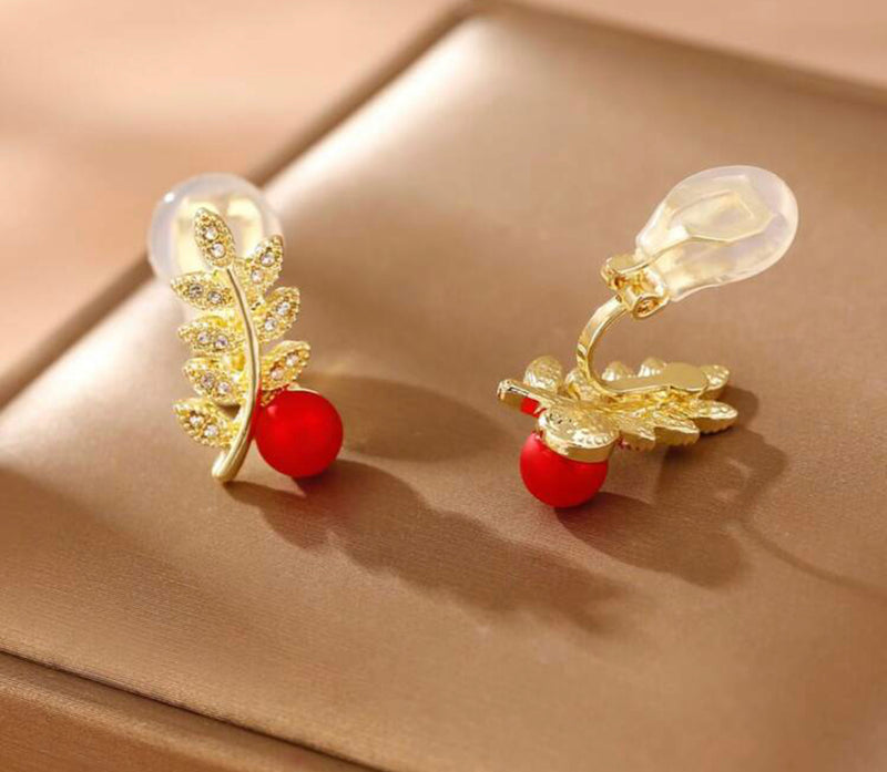Clip on 3/4" small gold leaf and matte red bead button style earrings