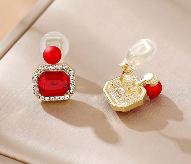 Clip on 1/2" small gold and red bead earrings w/red & clear stone square