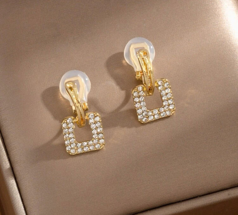Clip on 1" small gold and clear stone dangle square earrings