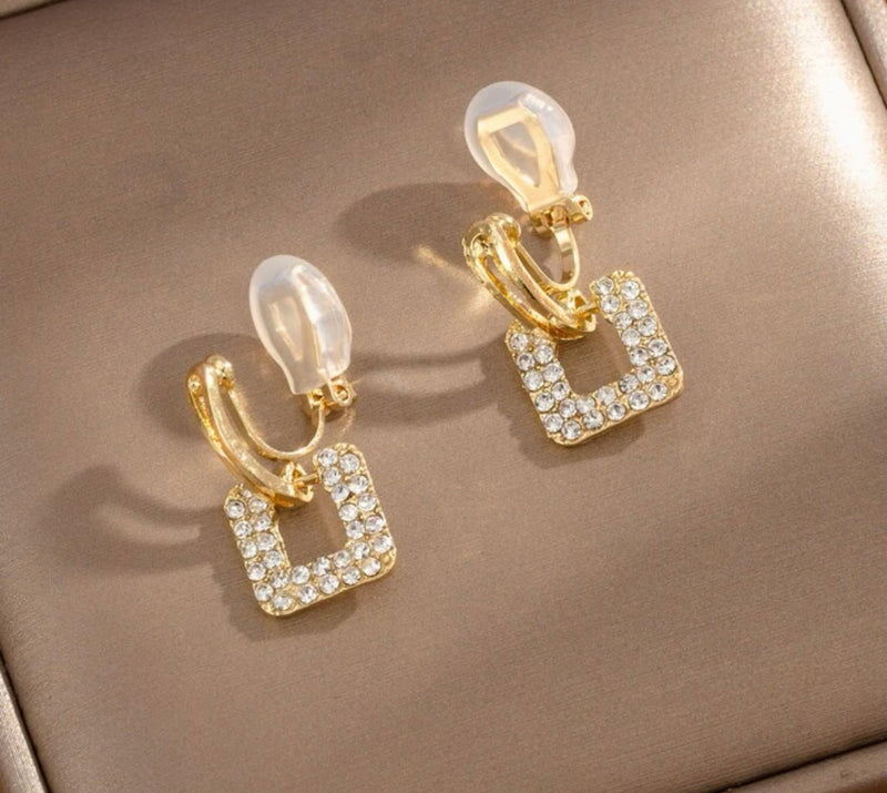 Clip on 1" small gold and clear stone dangle square earrings