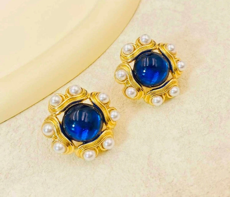 Vintage 1 1/4" clip on gold and blue stone earrings with white pearl edges
