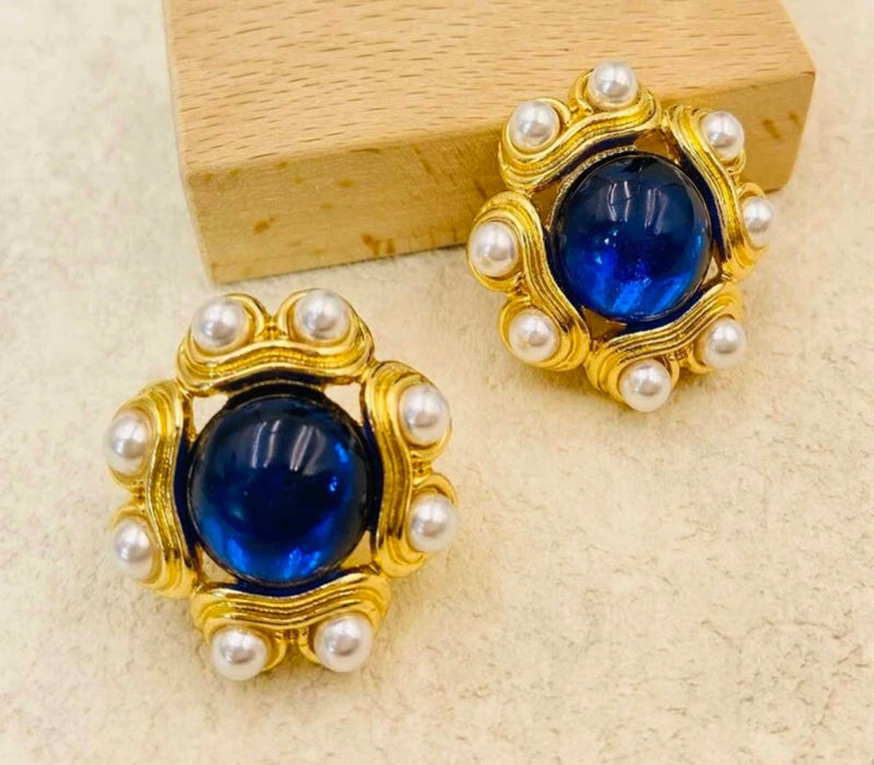 Vintage 1 1/4" clip on gold and blue stone earrings with white pearl edges