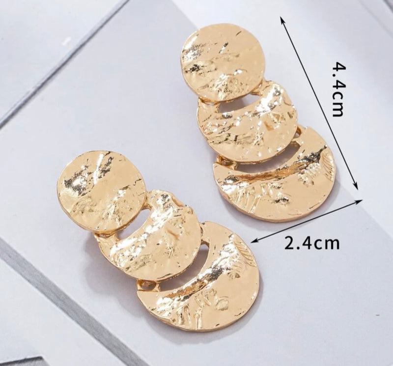 Clip on 1 3/4" gold hammered three row half moon dangle earrings