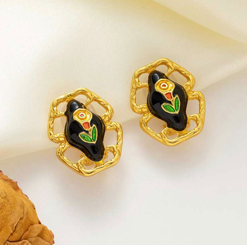 Clip on 1" matte gold, black multi colored flower button style earrings