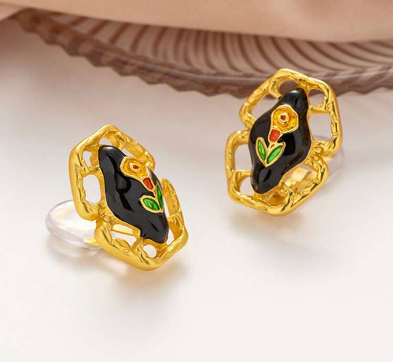 Clip on 1" matte gold, black multi colored flower button style earrings