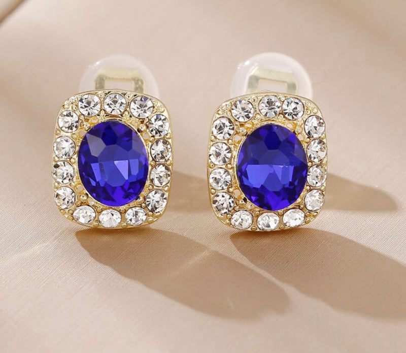 Vintage 1/2" small clip on gold square blue and clear stone earrings