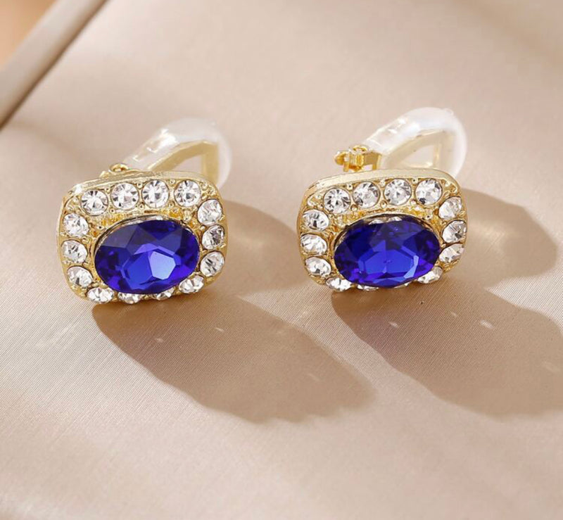 Vintage 1/2" small clip on gold square blue and clear stone earrings