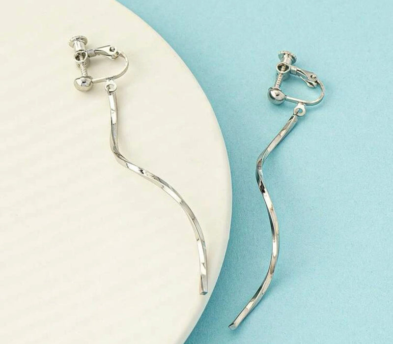 Trendy 3" long clip on silver wavy dangle earrings