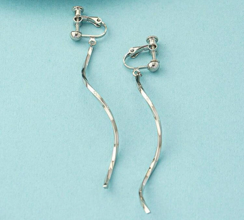 Trendy 3" long clip on silver wavy dangle earrings