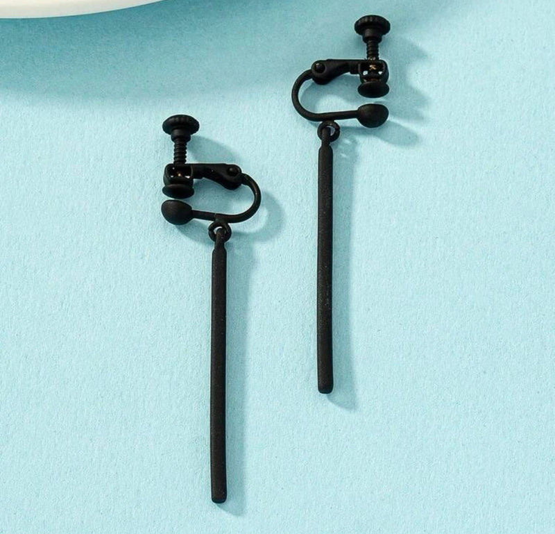 Clip on 2" black long stick style dangle earrings