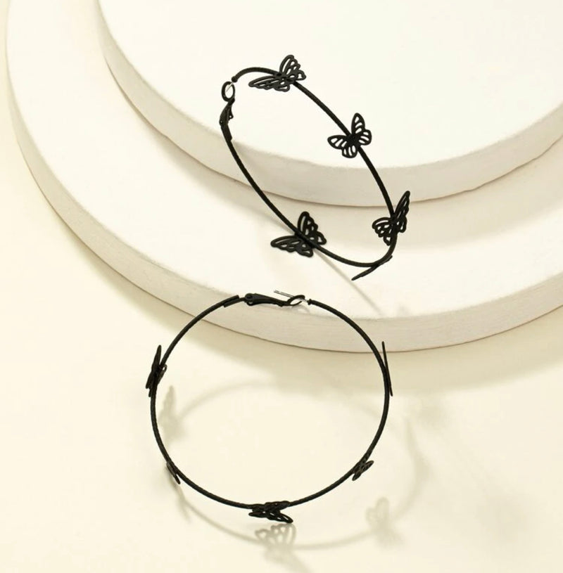 Pierced 2 1/2" large black cutout butterfly edge hoop earrings