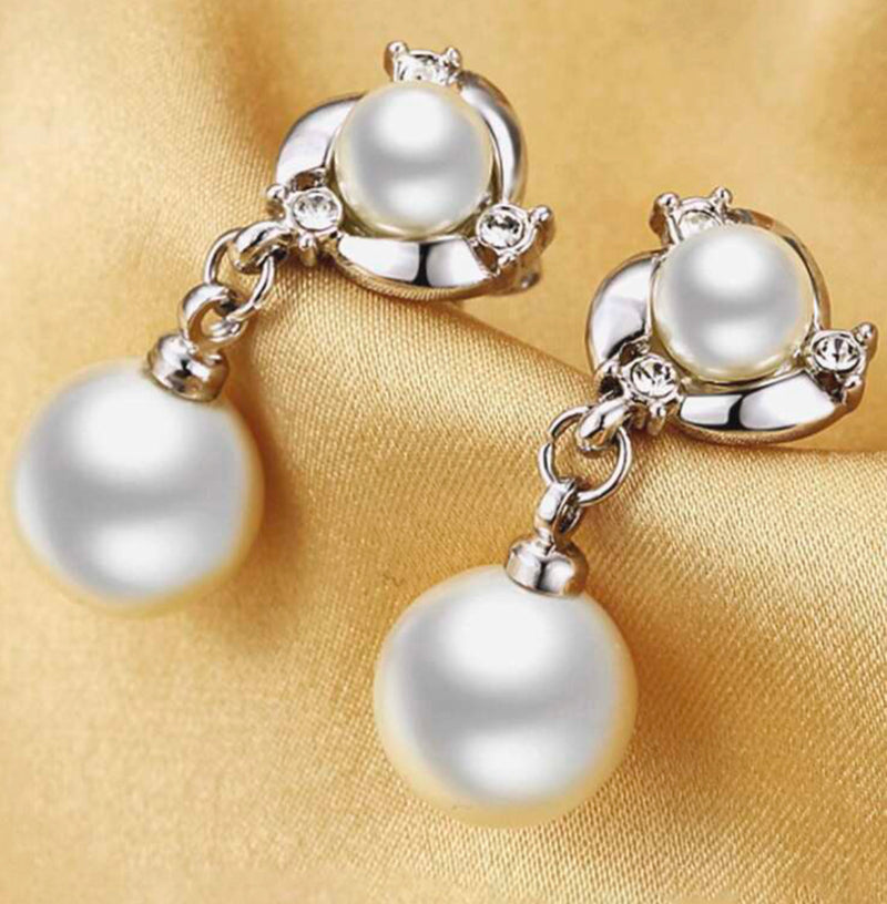 Clip on silver 1" small dangle white pearl and clear stone earrings