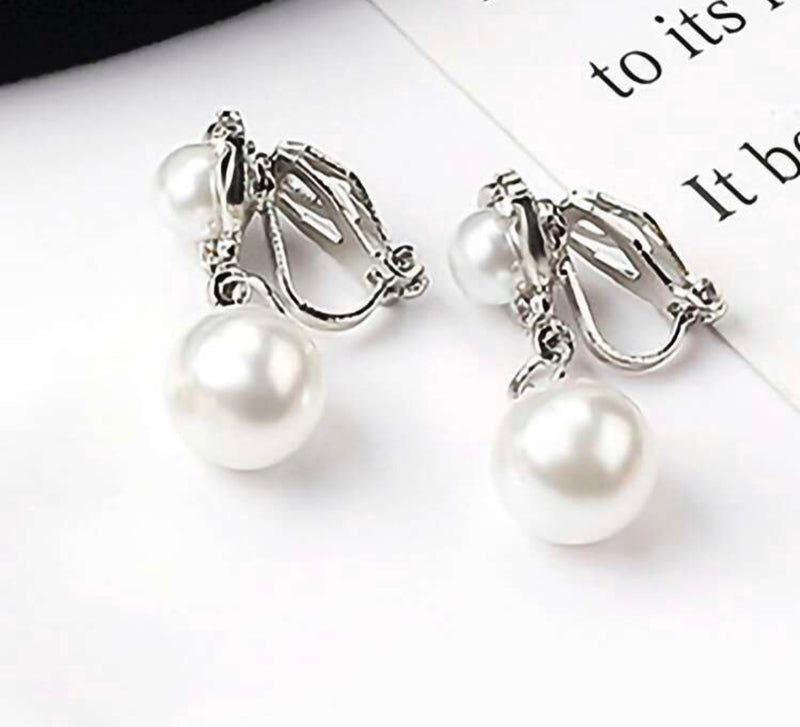 Clip on silver 1" small dangle white pearl and clear stone earrings