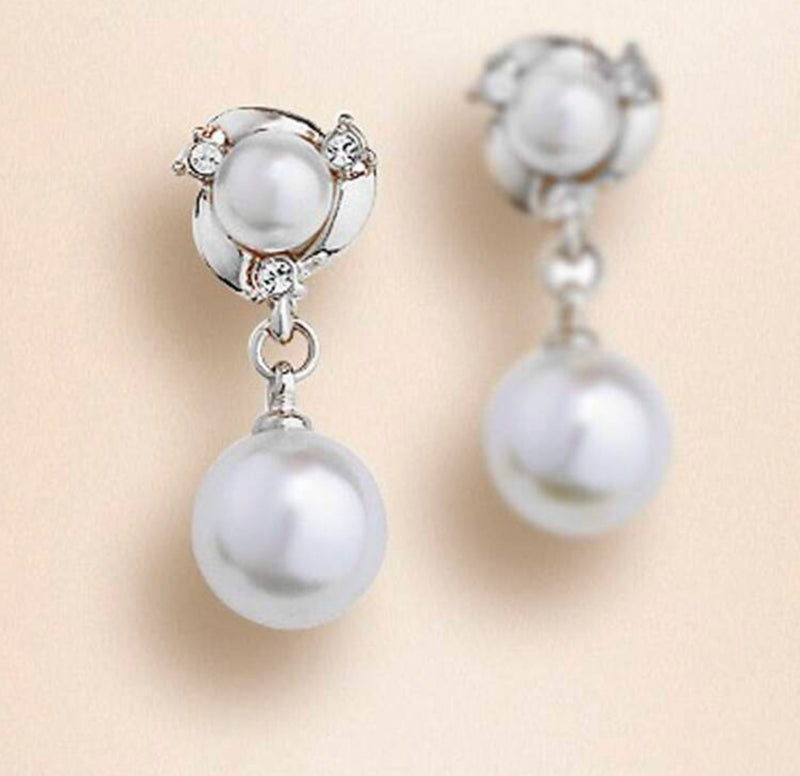 Clip on silver 1" small dangle white pearl and clear stone earrings