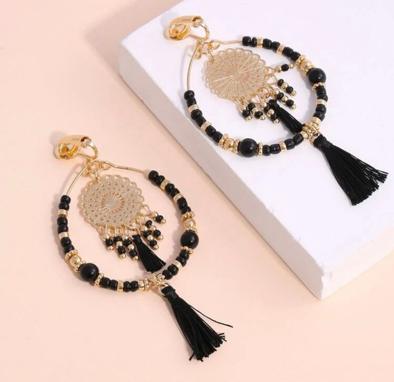 Clip on 4" long gold chain, black bead dangle tassel earrings