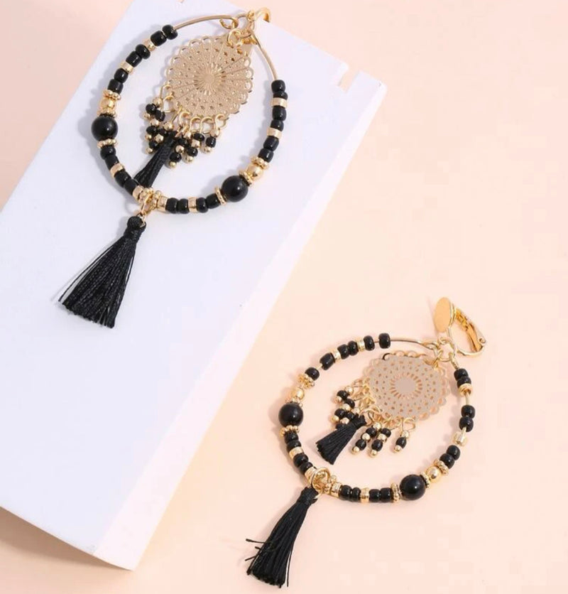 Clip on 4" long gold chain, black bead dangle tassel earrings