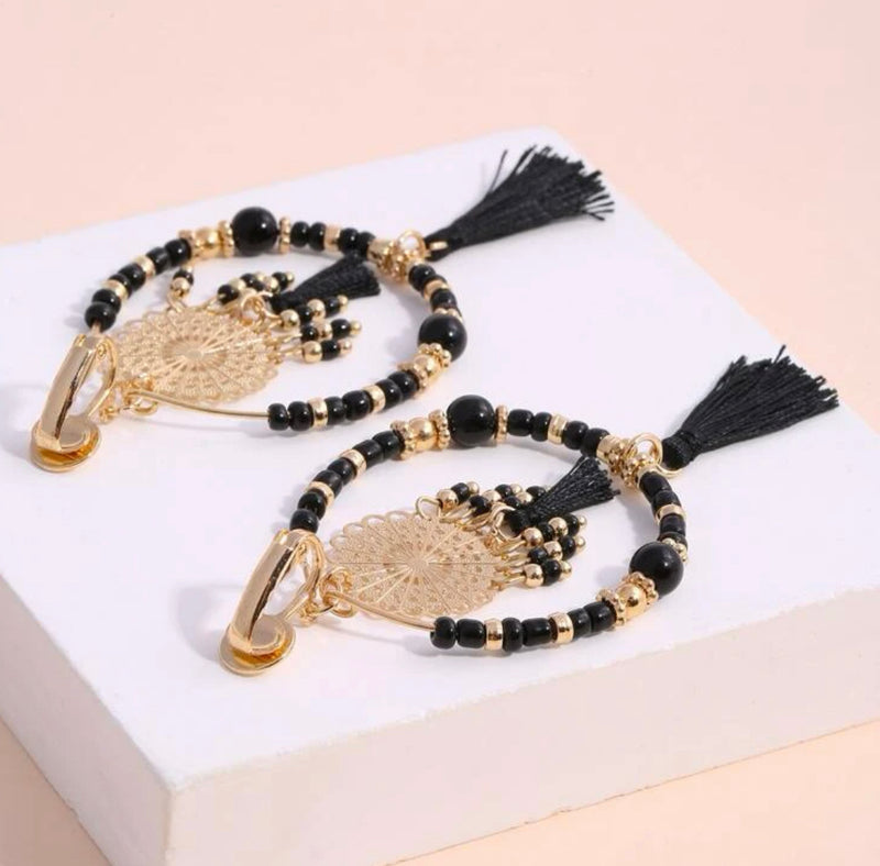 Clip on 4" long gold chain, black bead dangle tassel earrings