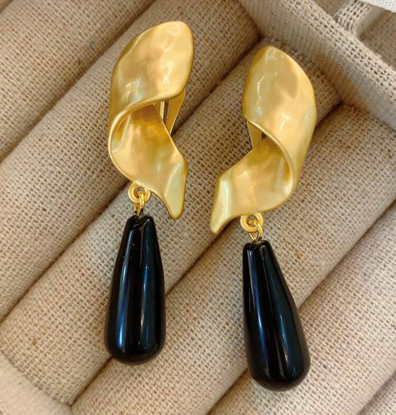 Vintage 2 1/4" clip on matte gold twisted top earrings with black bead