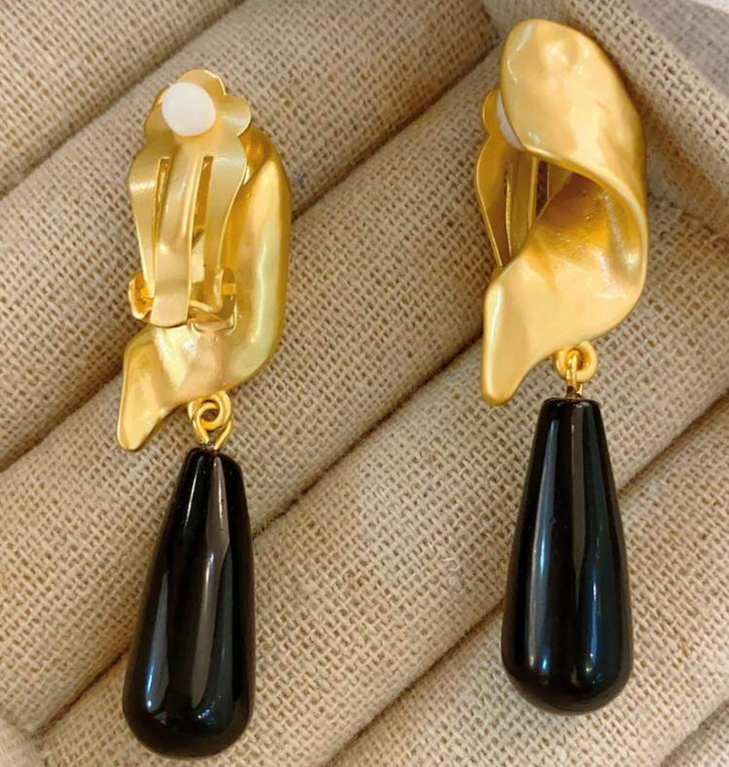 Vintage 2 1/4" clip on matte gold twisted top earrings with black bead