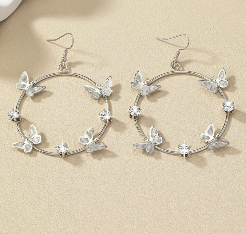 Pierced 3" silver and clear stone dangle butterfly edge hoop earrings