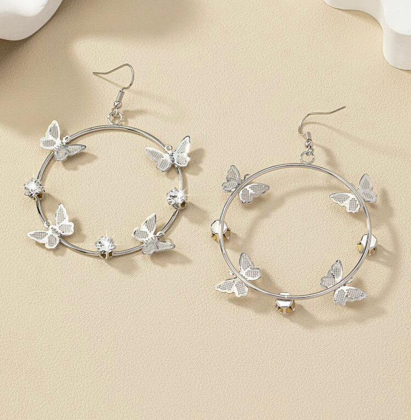 Pierced 3" silver and clear stone dangle butterfly edge hoop earrings