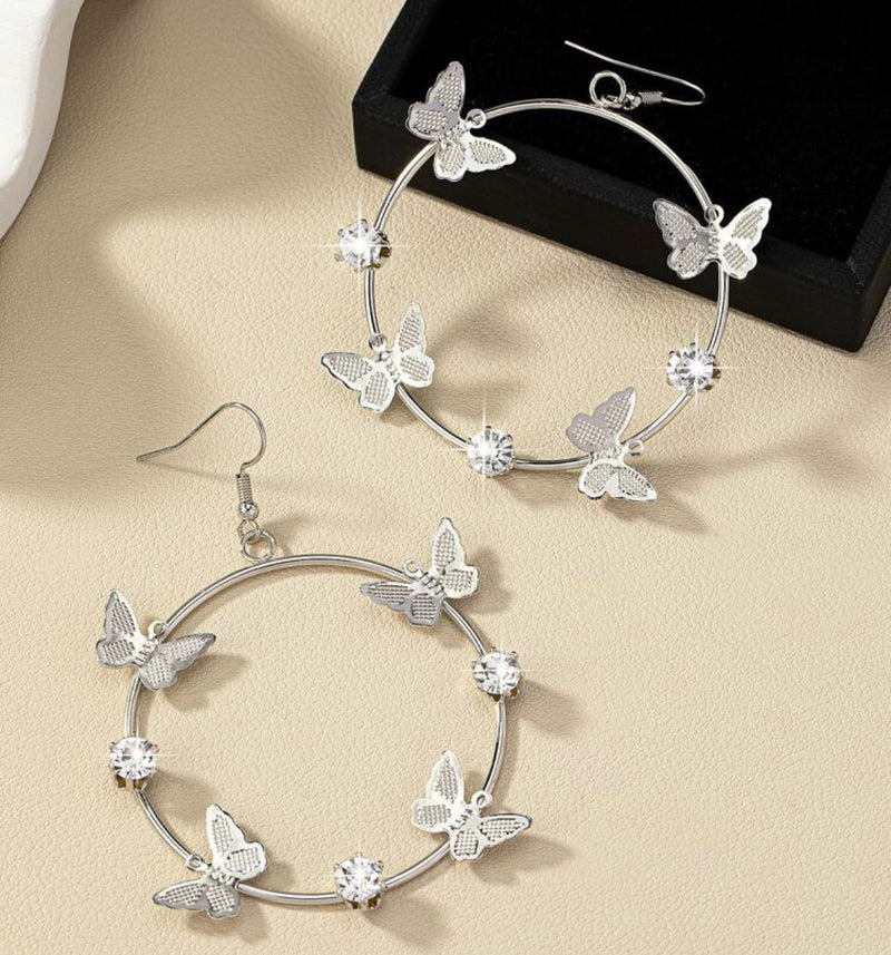 Pierced 3" silver and clear stone dangle butterfly edge hoop earrings