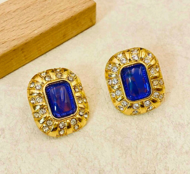 Vintage 1 1/4" clip on gold square blue and clear stone earrings