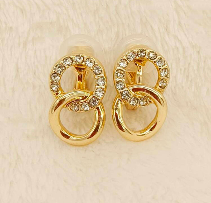 Clip on 3/4" gold chain button style earrings with clear stones