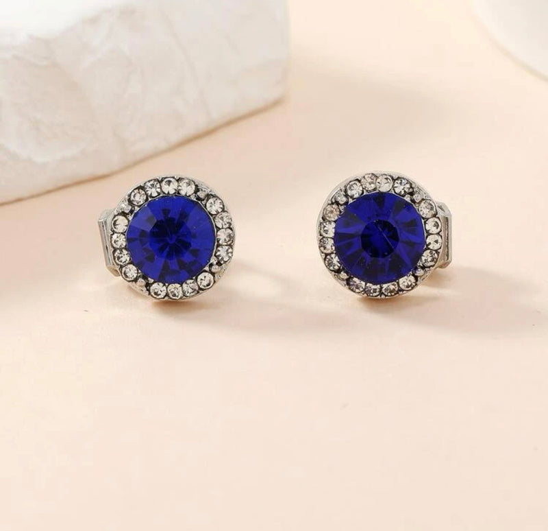 Clip on 1/2" small silver round blue center stone earrings w/clear stone edges