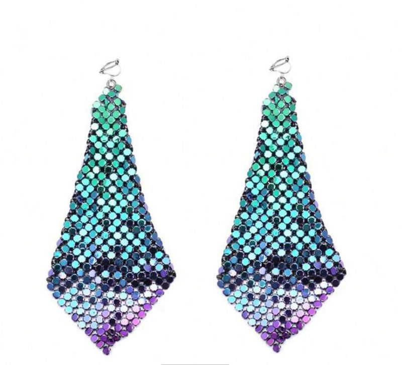 Clip on 4" long multi colored sequin geometric square shiny dangle earrings