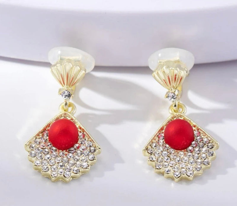 Clip on 1" gold and red bead shell earrings with clear stones