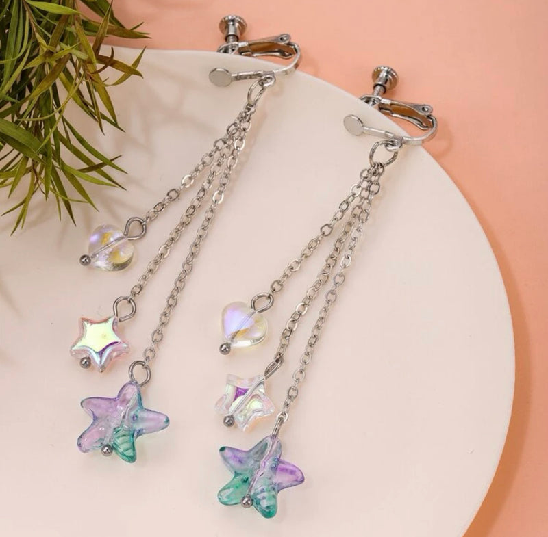 Clip on silver chain fluorescent starfish, star and heart bead earrings