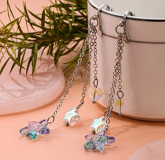 Clip on silver chain fluorescent starfish, star and heart bead earrings