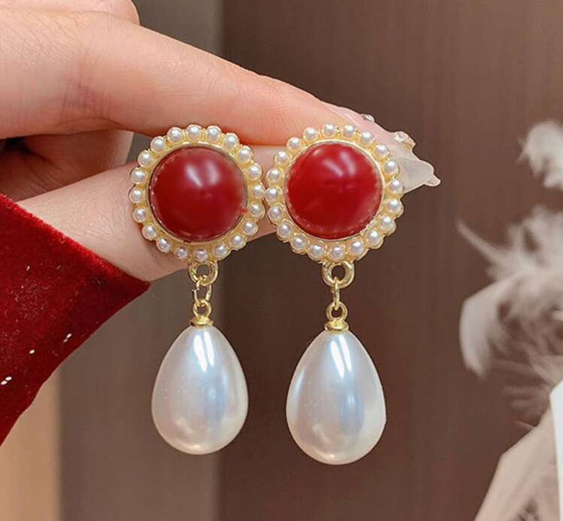 Clip on 1 3/4" gold, burgundy stone earrings with dangle pearl