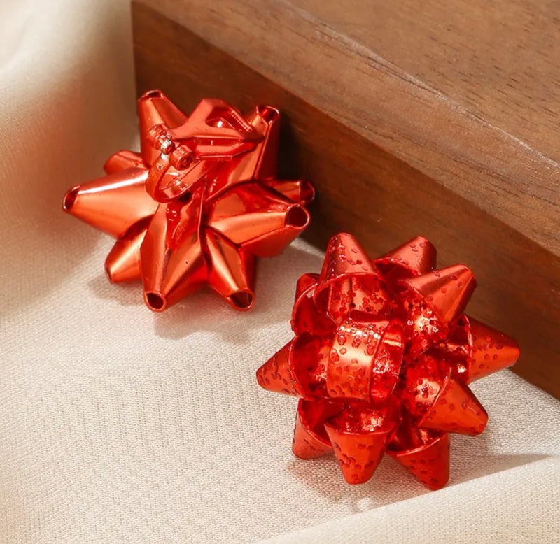 Clip on 1" red sparkle Christmas Bow button style earrings