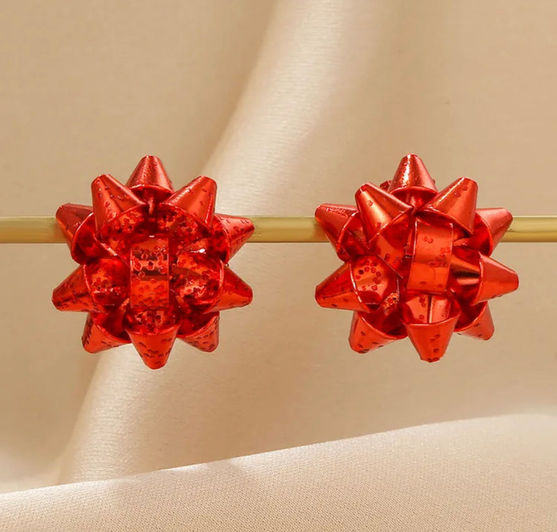 Clip on 1" red sparkle Christmas Bow button style earrings