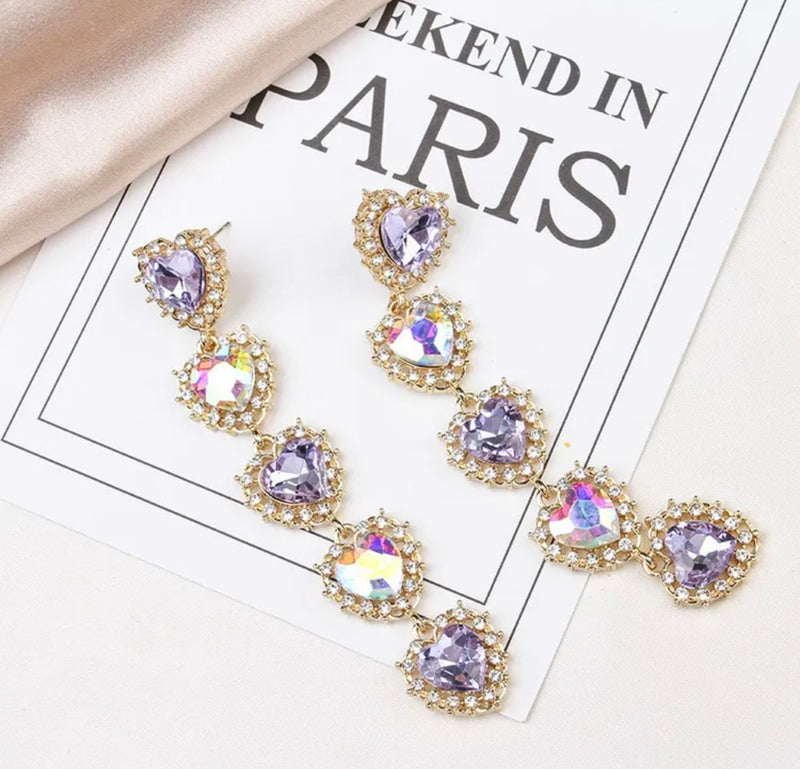Pierced 3 1/2" gold, fluorescent purple 4 heart earrings w/clear stones