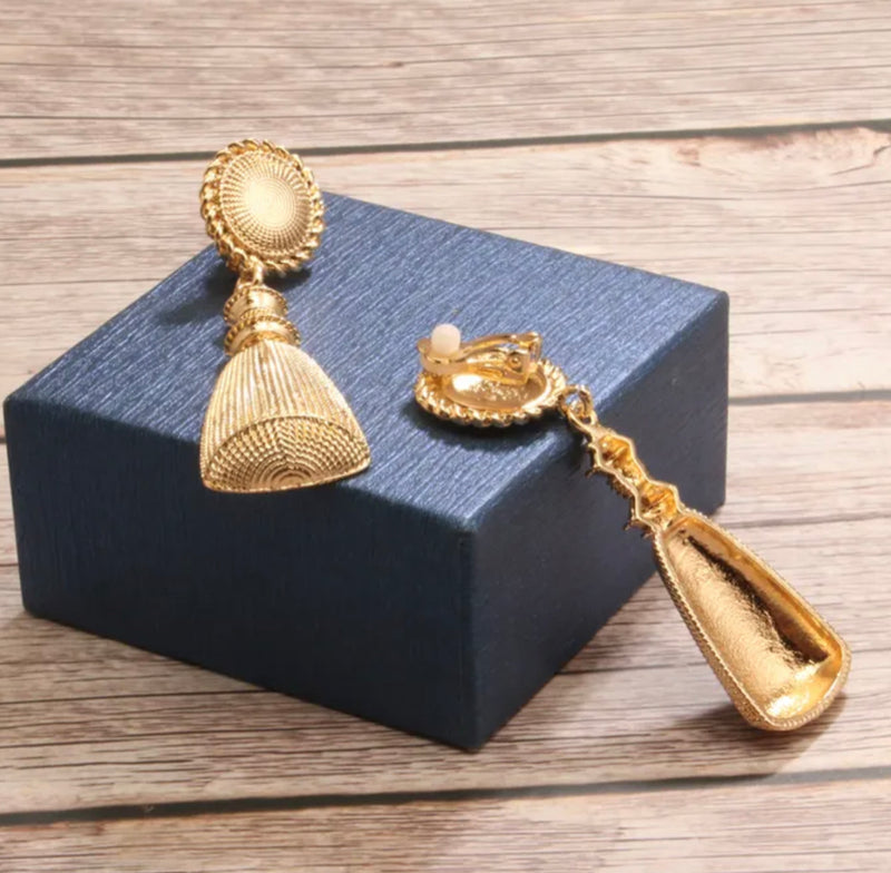 Clip on 3" long textured gold dangle tassel earrings