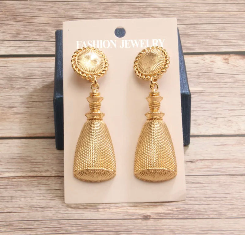 Clip on 3" long textured gold dangle tassel earrings