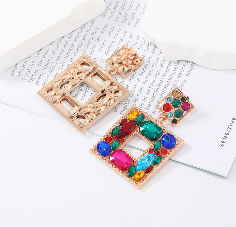 Clip on 2 1/2" gold multi colored stone dangle double square earrings
