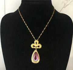 Vintage clip on gold & purple stone teardrop necklace & earring set