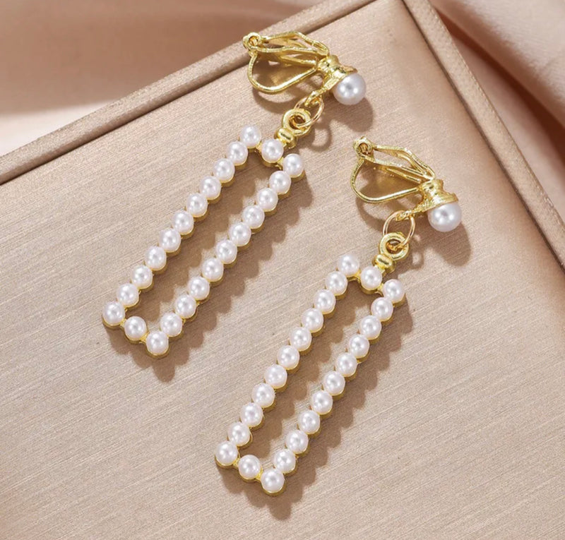 Clip on 2" gold & small pearl dangle long square earrings
