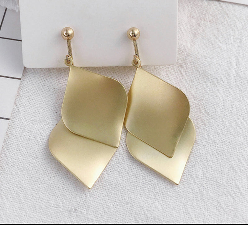 Clip on 2 1/2" matte gold double dangle pointed earrings