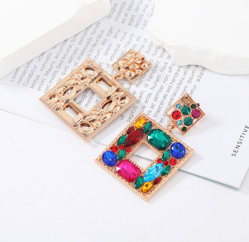 Clip on 2 1/2" gold, pink multi colored stone dangle square earrings