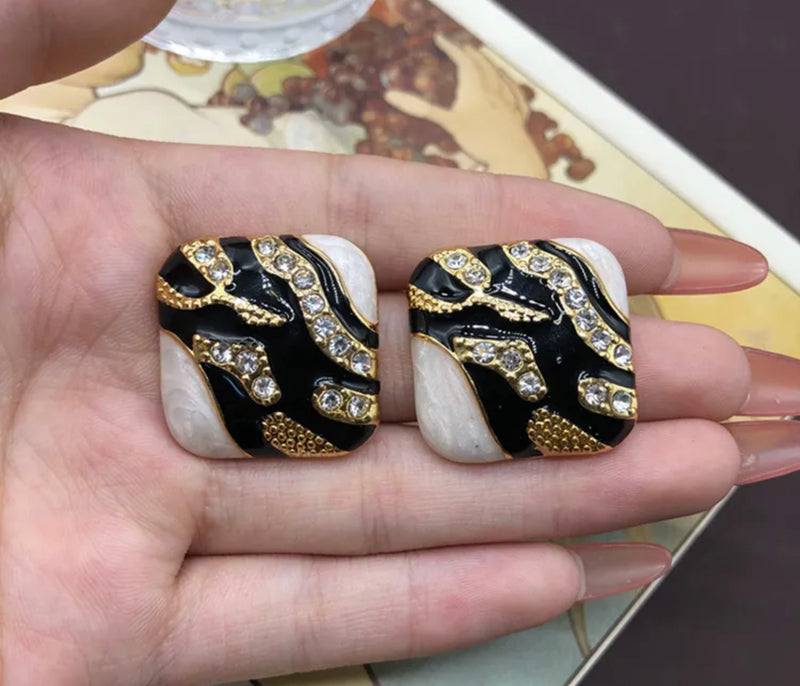 Clip on 1" gold, black & cream animal print square earrings w/clear stones