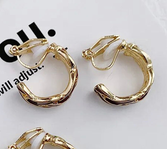 Clip on 3/4" gold and brown braided open back hoop earrings